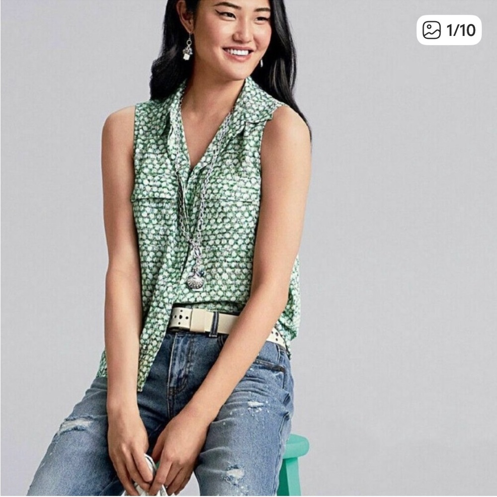 CAbi Seaglass Shimmer Top in GreenWhiteBlack Sleeveless Notched Collar Blouse S